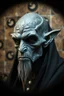 Placeholder: pin hole cam, master oil painting by Rembrandt, realistic rendering Portrait of the dark elf drow Apkallu sage who were sent by the god Ea to teach civilization to humanity before the flood. They were depicted as half-human and half-fish or bird, and were associated with wisdom, magic, and culture. blurred tile yin yang pattern background, brightened edges to give a sense of depth