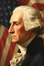 Placeholder: an expressive painting of George Washington side view face with the American flag in the background, might see a companion with features of absolute strength and determination, blended with warmth and deep faith. Perhaps his head expresses wisdom and courage, with eyes radiating confidence and faith.