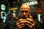 Placeholder: man looking like "Walter White" in breaking bad tv show, bald and goatee glasses, holding condoms in a crowdy slum bar, smoke and light from windows. a sign with the word "LYXRUNKA" on the wall