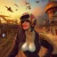 Placeholder: great illustrator, spanish, realistic rendering of a cute spanish girl kissing steampunk style. Helmet with tubes. Machinery in the background. Robotic bird flying. High details. 4k. unreal engine, sunset