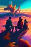 Placeholder: three friends in the mountaintop looking at the sunset while smoking. sky is filled with beautiful colors. wind blowing with leaves