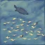 Placeholder: turtle and sky with a flock of birds