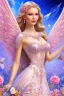 Placeholder: Magnifique woman, lady fairy, facing happy, voluptuous white, pink enchanted flowers, wings magic, long big dress, pink outerspace stars planets, Beautyful smiling, young woman, long hair amazing blue eyes, flowers, happy cosmic, bright colors, blue, pink, gold, jewels, realistic, photo real, clear sunny background, highly detailed, high contrast, 8k high definition, unreal engine 5, extremely sharp detail, light effect, sunny light background