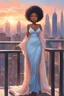 Placeholder: The scene opens onto a serene balcony overlooking a bustling city skyline. The sky above is painted in soft hues of blue and peach as the sun begins its descent, casting a warm glow over everything it touches. In the foreground stands a captivating figure, airbrush chibi cartoon curvy black woman exuding confidence and elegance. She is adorned in a flowing white knit maxi dress that hugs her curves in all the right places, accentuating her silhouette. Her choice of footwear is equally stunning