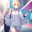 Placeholder: Clear focus, High resolution, short blonde hair, pink eyes, wearing a light blue and white oversized hoodie, wearing white shorts