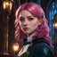 Placeholder: Cute Girl Hogwarts Legacy Medium Pink Haired Ravenclaw, Green Eyes, Black Roots, Great Hall, Romantic, 4K Realistic, Portrait,colorful8k resolution concept art, Ravenclaw Badge, Greg Rutkowski,SIXMOREVODKA, pastel color, Nighttime Lighting, digital illustration, 4K, Hyperdetailed, Intricate Details, 3D shading, Art of Illusion