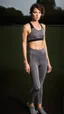 Placeholder: photography of a beautiful anorexic woman, grey satin triathlon top, brunette wavy pixie haircut, pronounced sternum, flat chest, grey satin cycling leggins