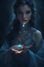 Placeholder: -fantasy style- in a dark place a hand Her skin glowed pale blue lighted like azure holding a glittering jewel depths swirling with color