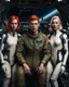 Placeholder: Photorealistic image of a young man in a flight suit with two tall, slender female androids in one-piece suits, one with red hair and one with white hair, standing on the bridge of a spaceship.