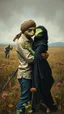 Placeholder: A man with a Lizard face wearing a Muslim Turban and a lizard face female wearing a black hijab dancing side by side hugging in a forgotten battlefield overrun cby vegetation, cutesy tiktok detailed oil painting, grainy, old style