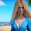 Placeholder: Beautiful face woman blue eyes long blond hair in an hippy blue flower dress on a beach, unreal engine, 4k