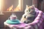 Placeholder: Pastel colors, cute fluffy chibi cat reads sitting in a big soft armchair, covered with a plaid blanket, a teapot and steaming tea on a small table next to her, in sunlight. The fire in the fireplace is blazing.