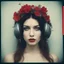 Placeholder: Grunge Polaroid head shot of doll, monica bellucci, nude pouty bee stung lips, red nose, hair adorned with tiny flowers, red cheeks and nose, headphone