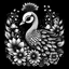 Placeholder: black and white cute peacock between seeds and big flowers black background. for a coloring. with grayscale