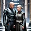 Placeholder: a bold and heroic bald male Corellian pilot in black and grey First Order special forces gear meets a female Jedi Master in ancient, mystical temple, hyperdetailed, dynamic lighting, hyperdetailed background, 8k resolution, volumetric lighting, light skin, fully symmetric details