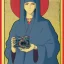 Placeholder: patron of photographers. holding a camera in hands. orthodox icon with saint photographer. Cyrillic inscriptions. hyperdetailed, Alphonse Mucha, Zdzisław Beksiński, poster, illustration, ink, oil on canvas, 18th century atlas