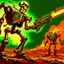 Placeholder: 90's TCG art retro fantasy art of skeleton robot firing machine gun