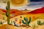 Placeholder: A tan sandy desert with cactuses painted by Wassily Kandinsky