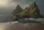 Placeholder: Small shipwreck at a pebbled cliffside, fantasy, mystical, lightshafts, storm in the distance