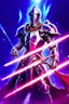 Placeholder: TCG fantasy artwork art of a heroic space knight with laser sword