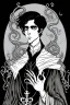 Placeholder: black haired young man necromancer wizard with gothic jewelry and tentacle fingers in the style of Aubrey Beardsley