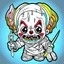 Placeholder: create a 2d black outline, " kawaii psycho clown with knife coloring book for kids", coloring page, low details design, black contour, coloring page design, colorful , card style, coloring page for kids, halloween backgorund,sketch style,