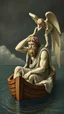 Placeholder: Charon in his boat wearing crying angel holding his head