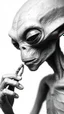 Placeholder: Get An old picture style of black and white mono very bad quality looks very old camera picture of an alien smoking a weed joint, all white background , year 1900