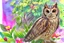 Placeholder: thankful praying owl girl in flowergarden in sunshine, watercolor and ink