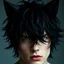 Placeholder: A man with messy black hair, black cat ears on his head, blue eyes.