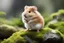 Placeholder: Adorable hamster stands on its hind legs atop a lush moss covered rock