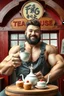 Placeholder: young mechanic man with SUPER MASSIVE huge muscles and his top off enjoying high tea by himshelf with little cakes, large SIGN THAT HAS A title( - FAG - BOI - TEA HOUSE) BOYISH CUTE FLUFFY