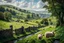 Placeholder: beautiful rolling hills and fields, with stone fences, small stream and sheep, of the Bakewell in England. Gorgeous lush green grass and trees.