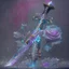 Placeholder: A fantasy zweihander, the blade is made up of glimmering ice, it's hilt is crafted from swirling vines, leading to a vibrant rose crystal at the pommel, with a black background behind it.