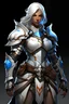 Placeholder: paladin woman with tan skin, wearing armor, white hair, muscular, whole body, white and blue armor