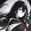 Placeholder: Clear focus, High resolution, rough line sketch art, long black hair, hair between eyes, fluffy hair, purple eyes, wearing a black and red sailor uniform, dark aura, 1girl