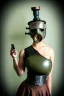 Placeholder: Steam-punk style random-mask. Large fencing mask covers cheeks. Brainless girls. Reflective surface on face, full coverage, reflective. Camera lenses as eyes. Head full of integrated old-fashioned cameras and phone. Army green surfaces body, latex. Perfect body, thick thighs and calves. Asa Akira. SElfie. Wide hip, skirt bleats nicely. Partly symmetrical. Straitjacket. Hyperboloid mandible coverage. Steam-plunge air-bottles. Euclidean 3D-tiling walls. surrealistic atmosphere