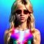 Placeholder: Shakira, artist, 30 years old, Realistic image, waist up portrait, etro style dress. Gucci sunglasses. Blonde, loose long hair, eyes make up, perfect, glow, circle iris. Feathers, Neon colors, leds, geometric shapes. Dark background, photo studio, neon lights. Cyberpunk, concept art, smooth, unreal engine 5, god lights, ray tracing, RTX, lumen lighting, ultra detail, volumetric lighting, 3d, finely drawn, high definition, 4k.