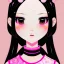 Placeholder: Japanese girl with big brown eyes and long black hair with bangs wearing pink clothes kawaii