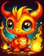 Placeholder: cartoon illustration: a cute little fire dragon with big shiny eyes. The dragon has big wings.