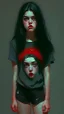 Placeholder: generate a full-length girl with gray-green sad eyes, with dark hair above the shoulders, a round face, not very plump lips, in a black T-shirt with a red print, short shorts, blue socks