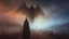 Placeholder: walking straight ahead over a wooden bridge, holding the angel of death with your right hand, entering the fog at the end of the road that leads to the afterlife, and a beautiful sunset and galaxy's behind the fog, realistic