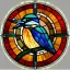 Placeholder: round coaster of kingfisher with stained glass window effect, highly detailed, intricate, warm colors, stained glass window, digital painting