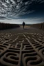 Placeholder: A man enters a labyrinth and in the background sky we can see the shape of a skull