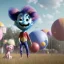 Placeholder: Ultra realistic circus scene. Sweet hair monster and Child’s playing, smile, happy, color bubbles, smooth color, waist up view, Wes Anderson style, dark ambient, highly detailed, concept art, unreal engine 5, god rays, ray tracing, RTX, lumen lighting, ultra detail, volumetric lighting, 3d, finely drawn, high definition, high resolution.