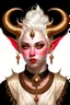 Placeholder: A young tiefling woman with a set of ram horns on her head encrusted with jewels, White-Blonde, short hair, black eyes, no pupils, dressed in white with lots of jewelry, beautiful, she looks like an angel