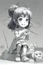 Placeholder: little girl playing with a toy very happy , Colloring page for todlliers ; basic hawali style cartoon , black and white , ink outlines , , smooth , anime style , minimalist , cute eyes , full body , white shose , sketchbook , realistic sketch , free lines , on paper , character sheet , clean line art high detailed