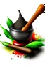 Placeholder: A mortar and pestle made of dark volcanic rock, with vibrant green herbs and a halved red chili pepper being ground together. A wooden spoon leans against the mortar. Style: Abstract, Mood: Aromatic, Lighting: Focused beam of light highlighting the ingredients, T-shirt design graphic, vector, contour, white background.