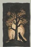 Placeholder: in a cosy vintage style, a wolf howls at a black tree