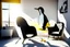 Placeholder: penguin shaped and penguin coloured (black and white) armchair in a modern room, with human feet decorated wallpaper in the background in sunshine